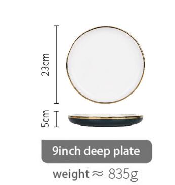 Plate Gold Inlay Round Dinner Plate Dish Tray Food Gold Edges Plate tableware Dinner dish: 9inch deep plate