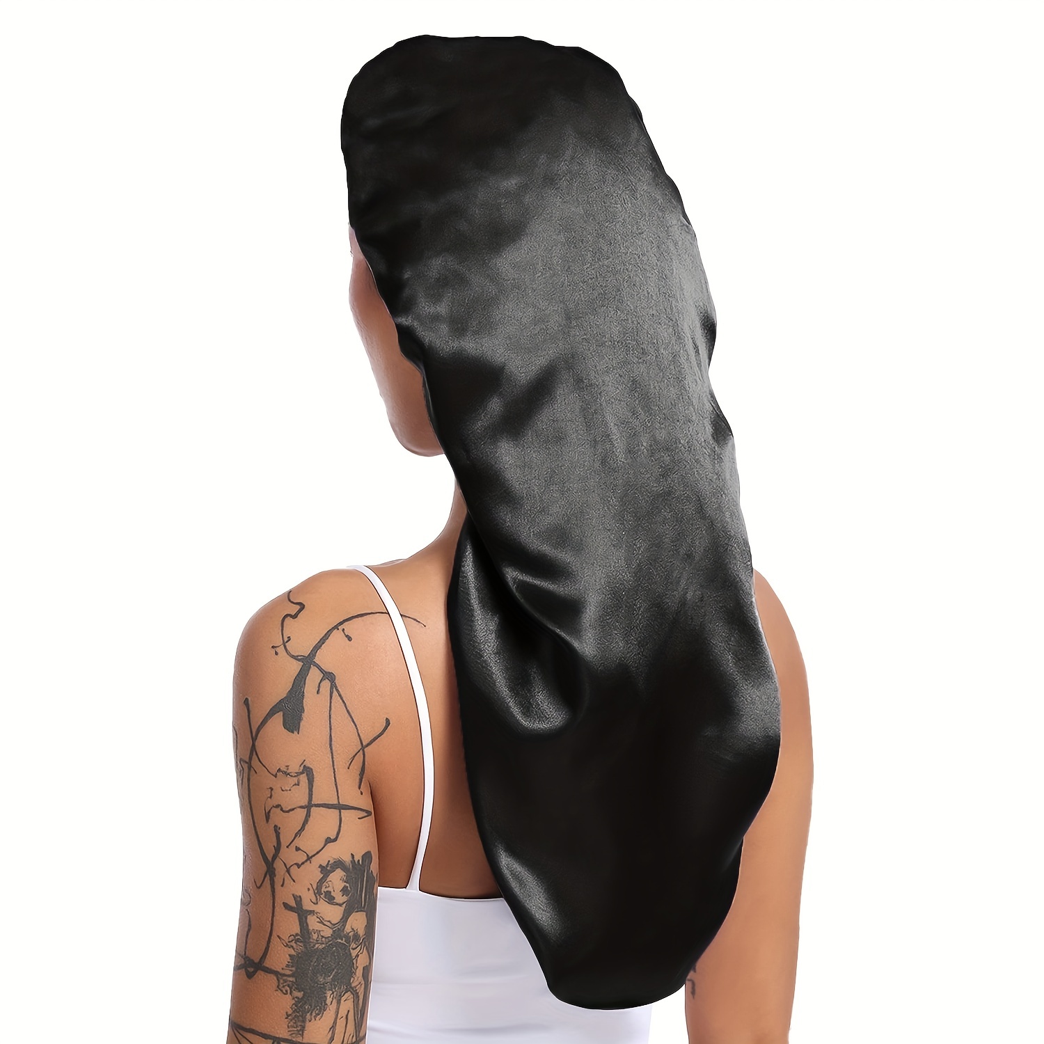 1 Stück lange, seidige Schlafhaube für glattes, lockiges Haar, extra große Haarhauben für Dreadlocks und Zöpfe, Satin--Schlafmützen für sterben Nacht: Schwarz