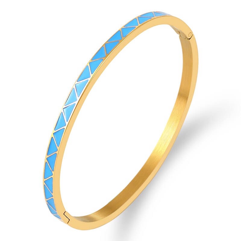 5 cores triângulo padrão bangles para mulheres aço inoxidável ouro fino pulseiras laranja azul cor esmalte jóias: Gold Blue