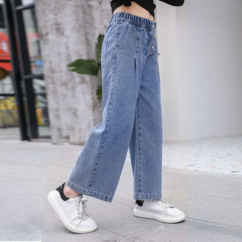 Girls Spring Autumn Wide Leg Denim Pants Solid Elastic Waist Kids Jeans Korean Straight 3-13 Years Old Children's Trousers