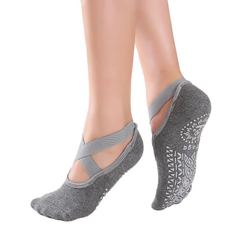 Women Bandage Yoga Socks Anti-Slip Quick-Dry Damping Pilates Ballet Socks Good Grip Women Cotton Socks Fitness Gym: Grey