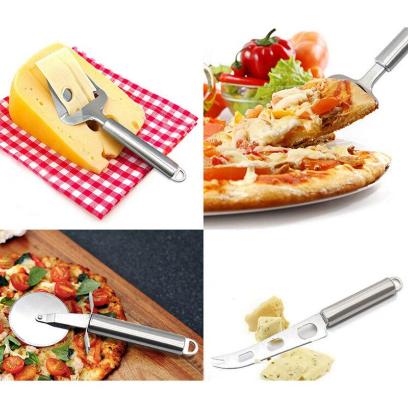 4 stk/sæt køkkengadgets i rustfrit stål, pizzaskærerhjul, ostekniv, osteskærer og kageserveringssmørskærer