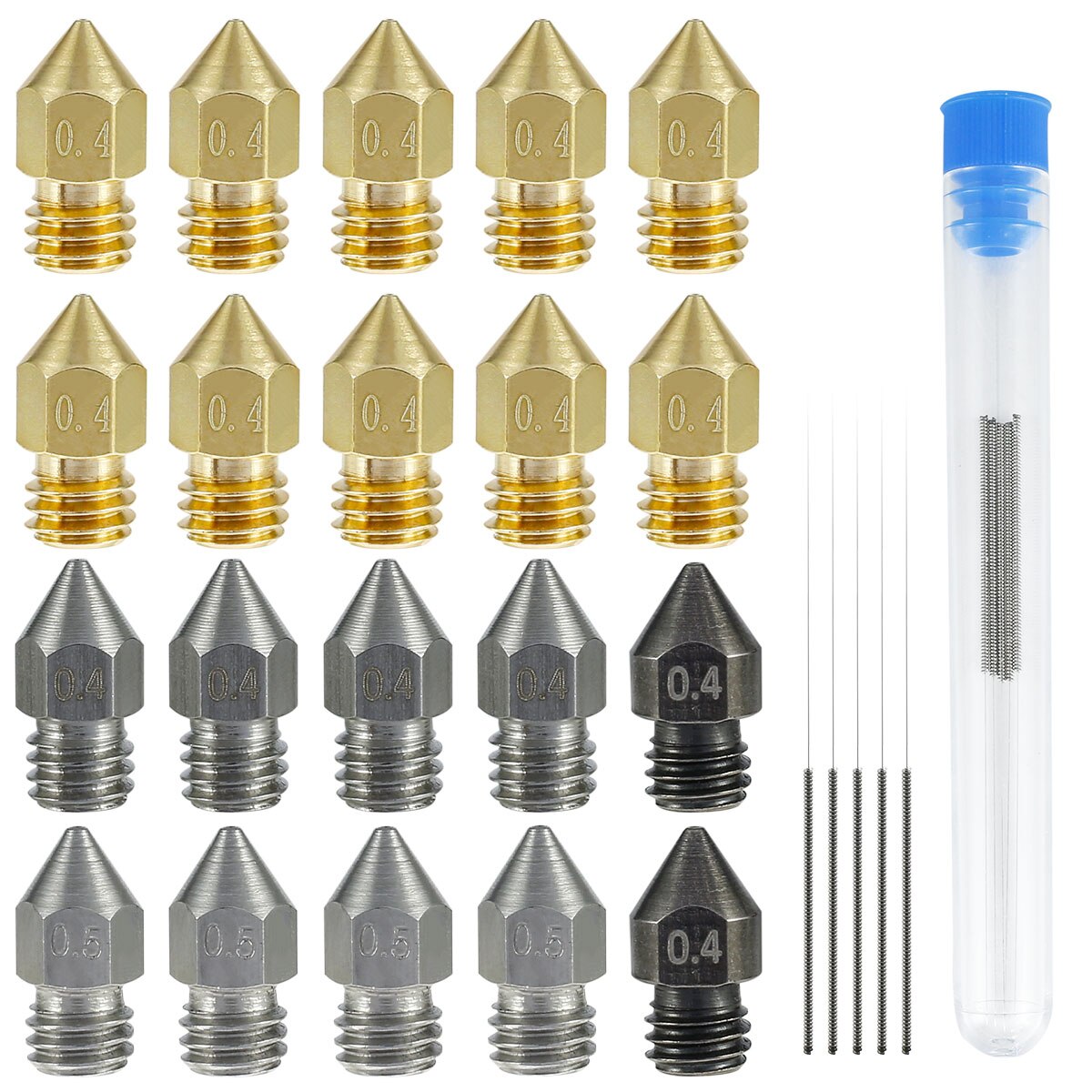 3D Drucker Düsen 25 stücke MK8 Extruder Düsen 0,4mm 0,5mm Gehärtetem Stahl Edelstahl Seel Messing 3D Drucker Düse reinigung Nadel