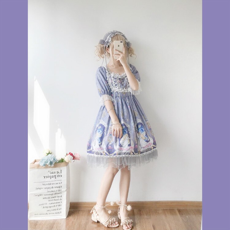 Kawaii Original Lolita Dress Angel Hourglass Short Sleeve Op Dress Japanese Soft Sister dress: GreyPurple op