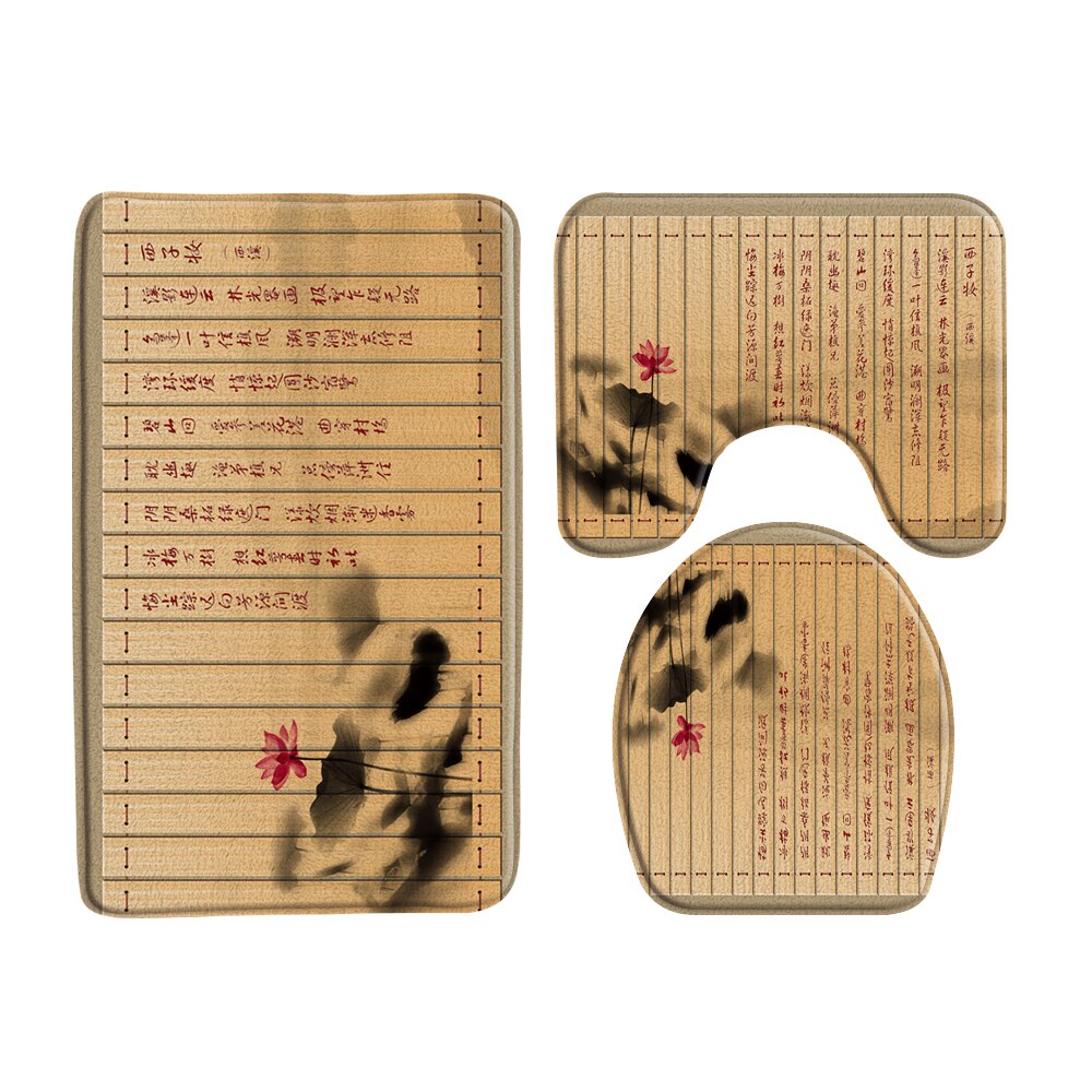 3Pcs Set Chinese Style Red Plum Fish Bamboo Printing Bath Mat Bedroom Kitchen Non-Slip Carpet Toilet Cover Rug Shower Room Decor: 60975J-3pcs Set / 40x60cm-15.7x23.6in