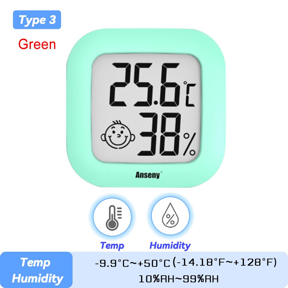 LCD Electronic Digital Temperature Sensor Humidity Meter Backlight Thermometer Hygrometer Gauge Indoor Weather Station Clock: Tpye 3 Green