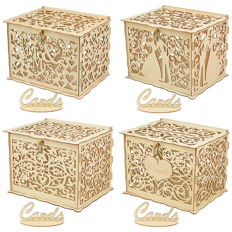 Wedding Card Box Envelope Card Wooden Boxes Hollow Floral Pattern Invitation Card DIY Box Wedding Party Decoration Supplies