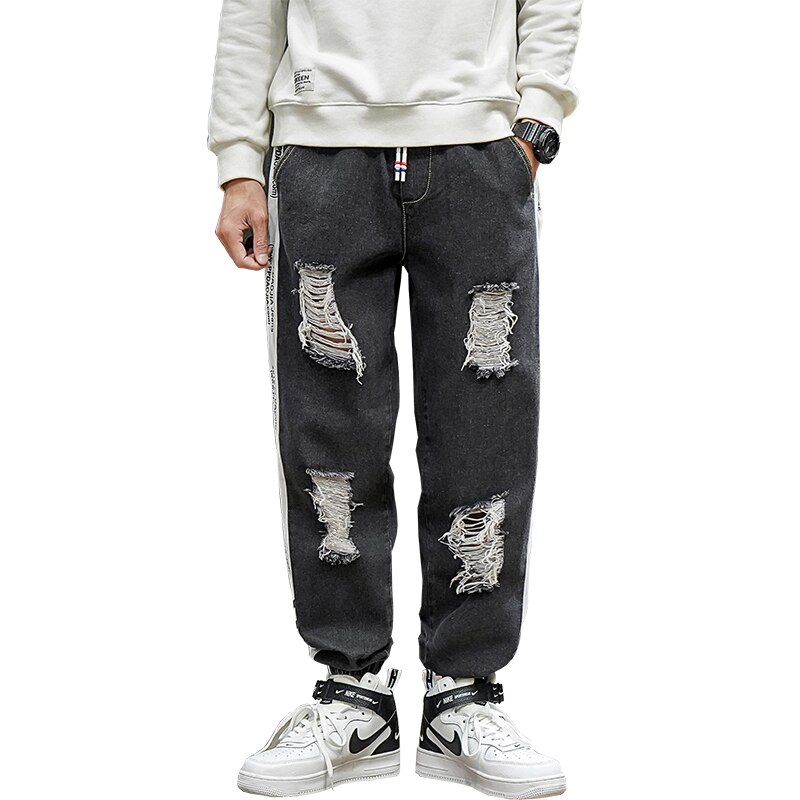 Høst jeans med hull for menn cargobukser koreanske klær og bukse med bokstavtrykk pluss størrelse baggy haremsbukser