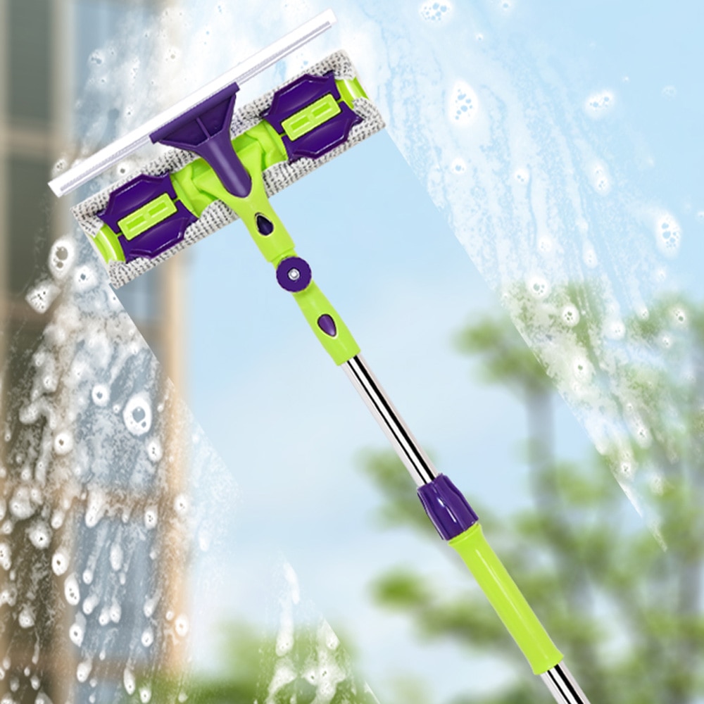 Silicone Glass Cleaning Tool Double-Sided Telescopic Rod Window Cleaner Squeegee Wiper Long Handle Rotating Head Brush Scrubbe