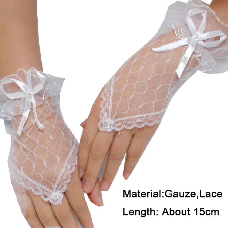 Female Gloves Transparent Dot Tulle Fishnet Gloves Black Bow Wrist Length Bridal Gloves Finger Short Mittens Wedding Accessories: 0