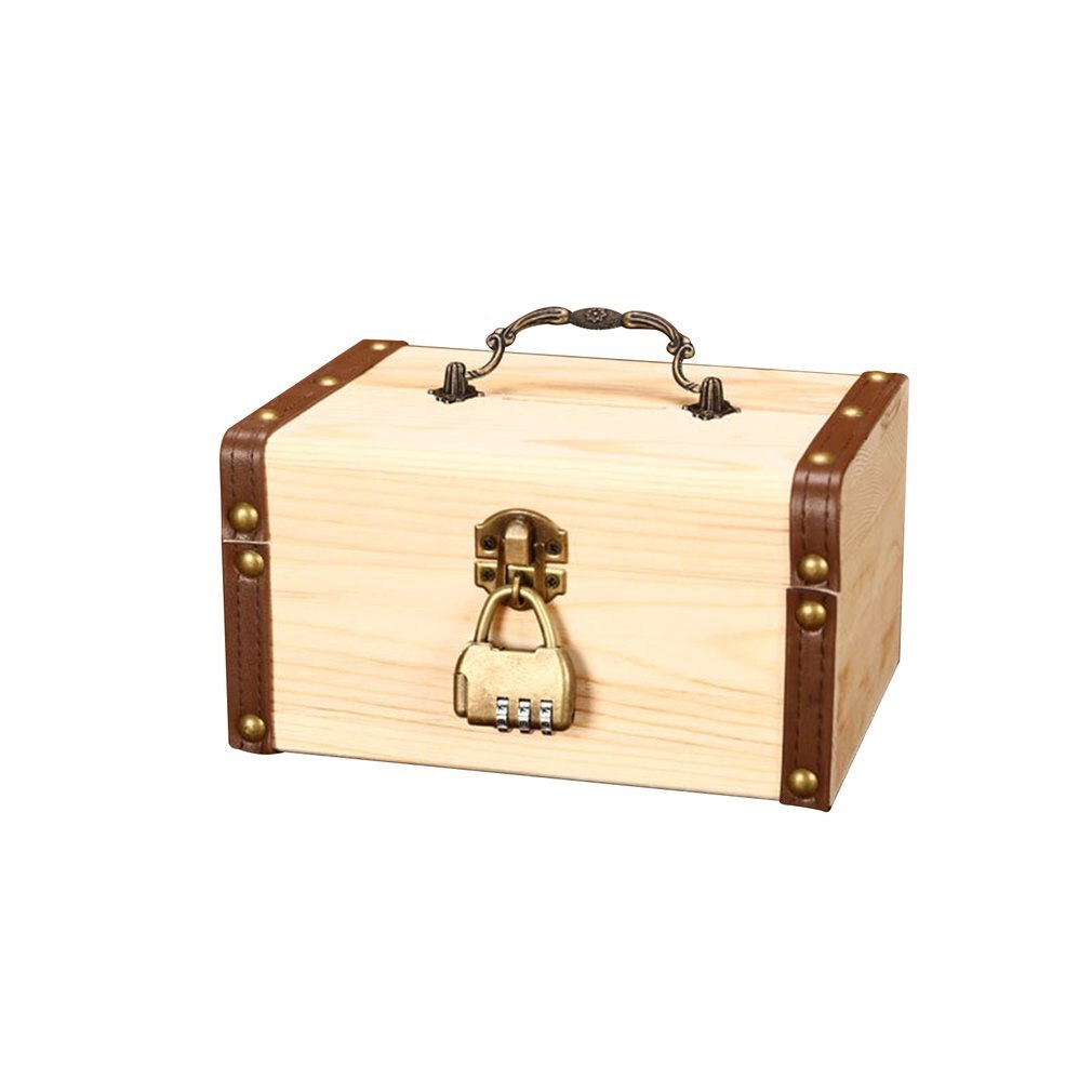Household Small Safe Deposit Box Child Little Girl Wooden Piggy Bank Retro Desktop Storage Box: L pine password lock