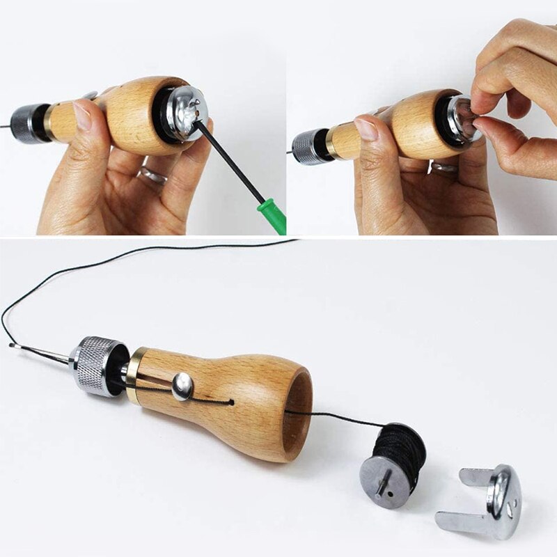 Leather Sewing Awl Set with Flat Waxed Thread Overstitch Wheel Needle Shoemaker Stitch Awl Manual Speedy Stitcher Leathercraft