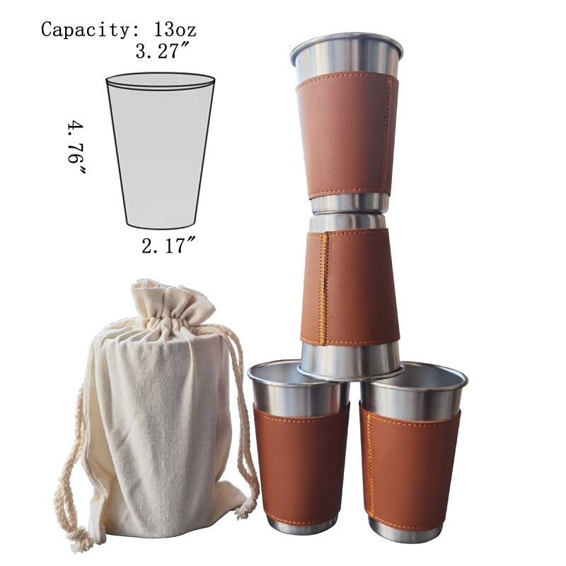 4 Stks/partij 10-16Oz Outdoor Camping Servies Reizen Cups Set Rvs Leather Case Drinken Glazen Beer Cup koud Drankje Cup: Rood