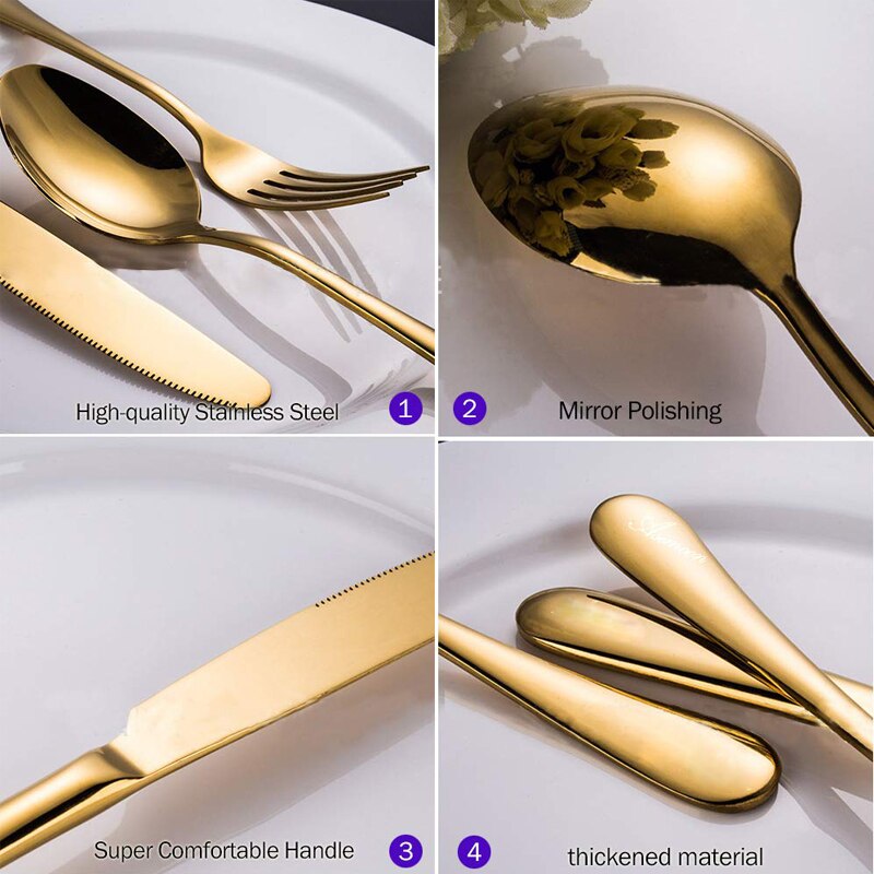 Rustfrit stål gyldne bestik knive gafler teskefulde sæt luksus spisestel western food køkken service bøf kniv kage gaffel