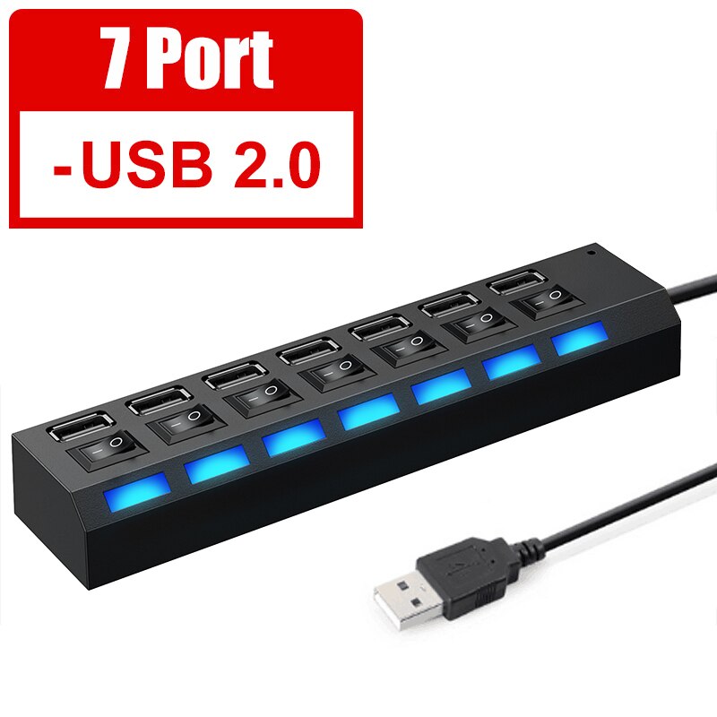 HUB USB 3.0 à plusieurs ports avec interrupteur, répartiteur pour PC, adaptateur d&#39;alimentation multiple USB 2.0: USB 2.0 7 Port