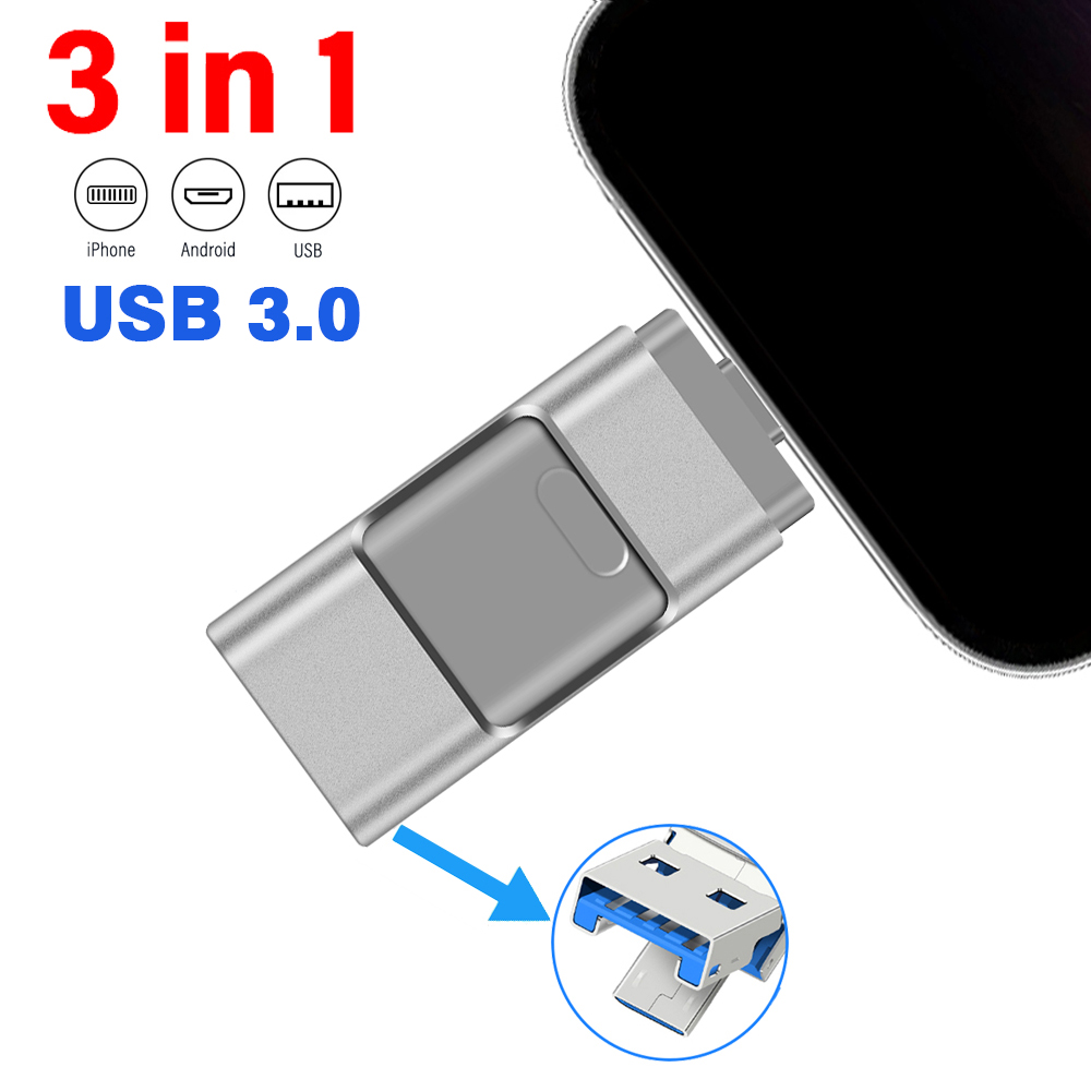 För iphone usb-minne 2tb 1tb usb 3.0 pendrive 3 i 1 mirco usb 3.0 512g 256gb 128/64/32gb minne usb-nyckel mfi-minne: Silver- / 8gb