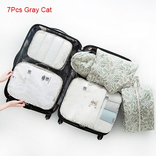 Mihawk Travel Bags Sets Waterproof Packing Cube Portable Clothing Sorting Organizer Luggage Tote System Durable Tidy Pouch Stuff: 7Pcs Gray Cat