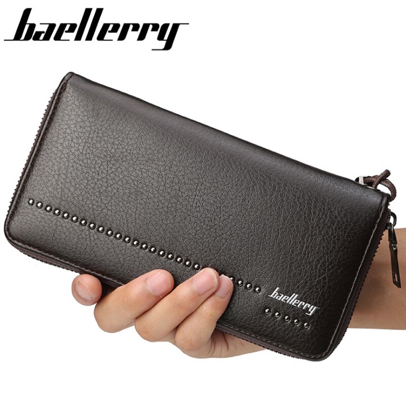 Portefeuille baellerry en cuir synthétique pour homme, grande capacité, avec fermeture éclair et bandoulière