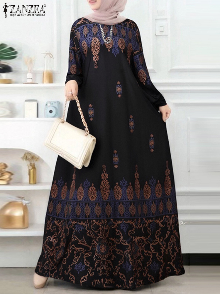 Frauen Langarm Muslimischen Kleid Abaya Kaftan ZANZEA Bohemien Gedruckt Sommerkleid IsIamic Kleid Eid Mubarek max Lange Vestidos: XXL / Schwarz