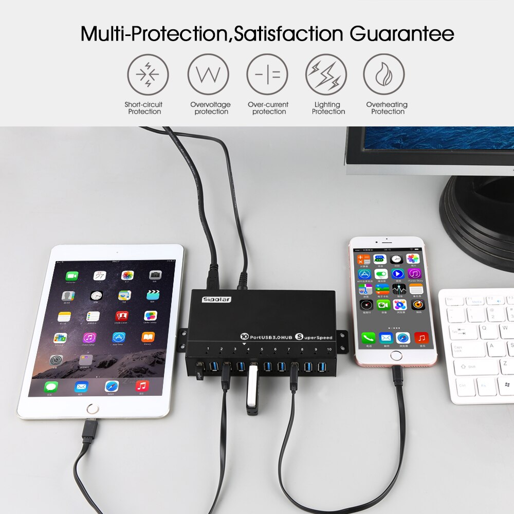 Sipolar Industrial 10 Port USB 3.0 Data And Charger Mountable Rugged USB Hub with Wall Mountable For assembly Lines Server Rack