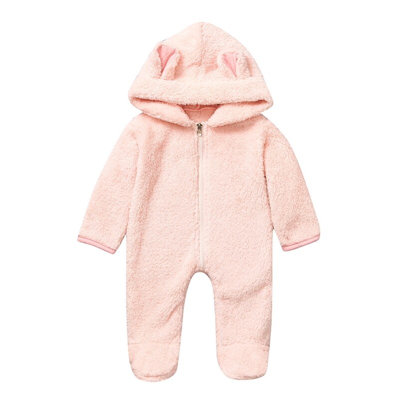 Baby Winter Jumpsuit Mooie Lange Mouwen Fleece Hooded Romper Solid Uitloper Pyjama Stijl Voor Baby Meisjes Jongens 0-2Y: Pink / 70