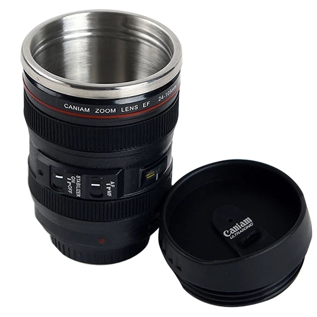 Stainless Steel Camera EF24-105mm Coffee Lens Mug White Black Coffee Mugs Unique Cup Coffee Cups canecas tazas vaso caf: black