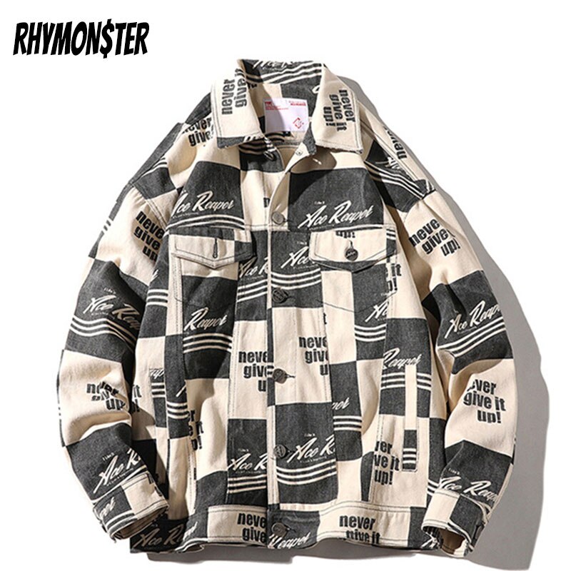 Rhymonster volledig bedrukte patchwork denim jassen hiphop multi-pocket jas heren herfst losse high street outfits