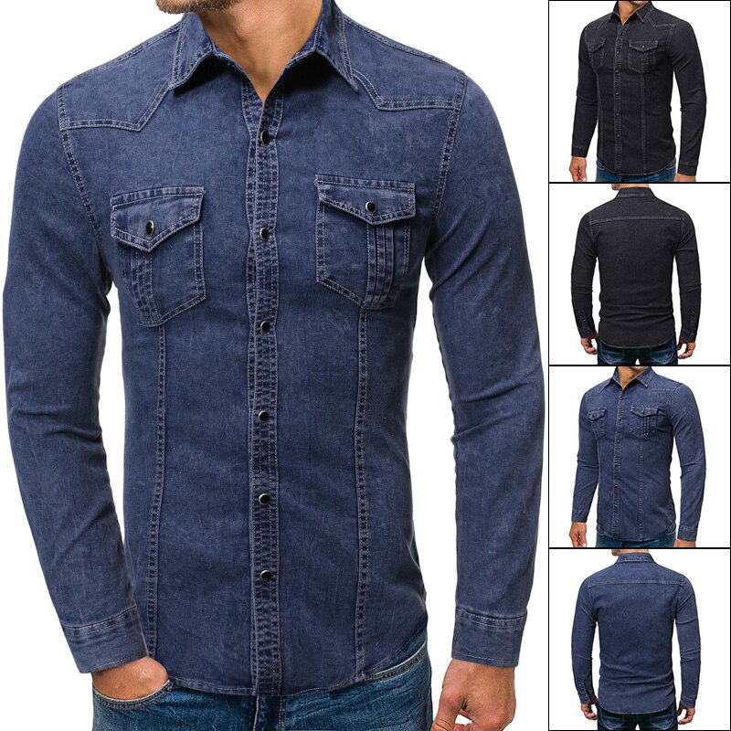 Casual jeansskjorta herr slim fit långärmad 100%  bomull vintage distressed solid skjorta manligt märkeskläder