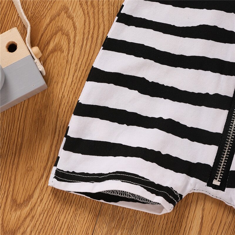 Infant Short Sleeve Romper Summer Baby Black White Stripe Patterns Zipper Open Front Hooded Jumpsuit for Boys and Girls