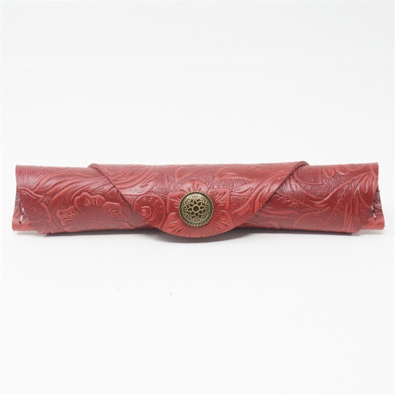 Leren Pennen Etui - Handgemaakt Drukknop - School Kantoor Retro: Rood gesneden