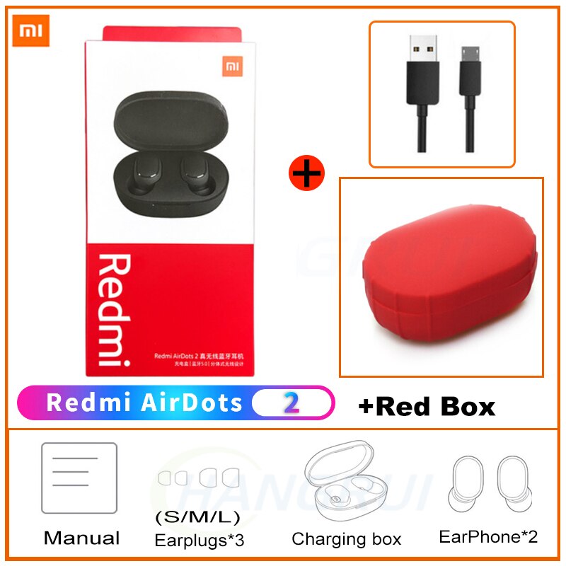 Xiaomi Redmi Airdots 2 Draadloze Bluetooth 5.0 Opladen Earphones Stereo Bass Oordopjes Met Microfoon Handsfree Ai Controle Oordopjes: Add Red Cable