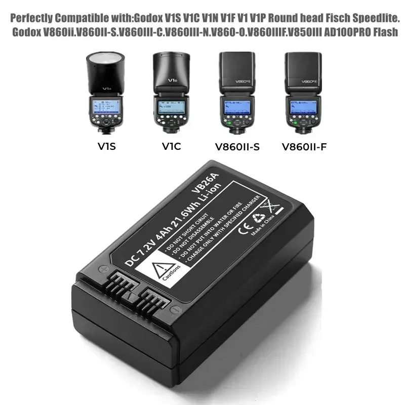 Runt huvud fotolampa godox ersättningsbatteri blixt 7.2v 4000 mah , vb26, vb26a, v1s,  v/s , v1n, v1f, v1o, v1p,  eddie ion
