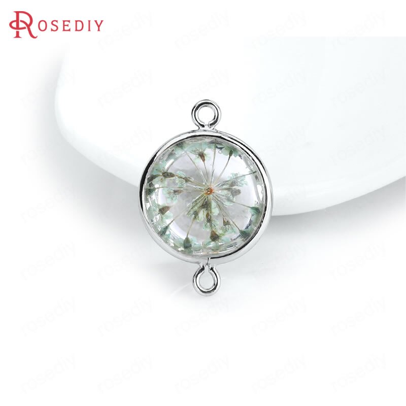 (C828)6 pieces 14x20mm 24K Gold Color Brass and Glass 2 Holes + Dried Flower Round Connect Charms Pendants Diy Jewelry Findings