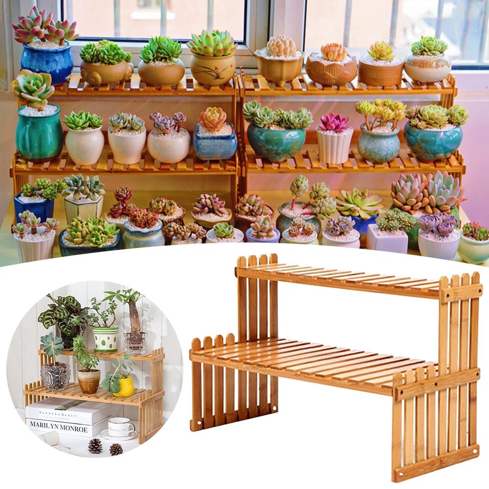 Small Succulent Plant Holder Bamboo Office Desktop Flower Stand 2-layer Garden Balcony Bonsai Display Rack Plant Shelf