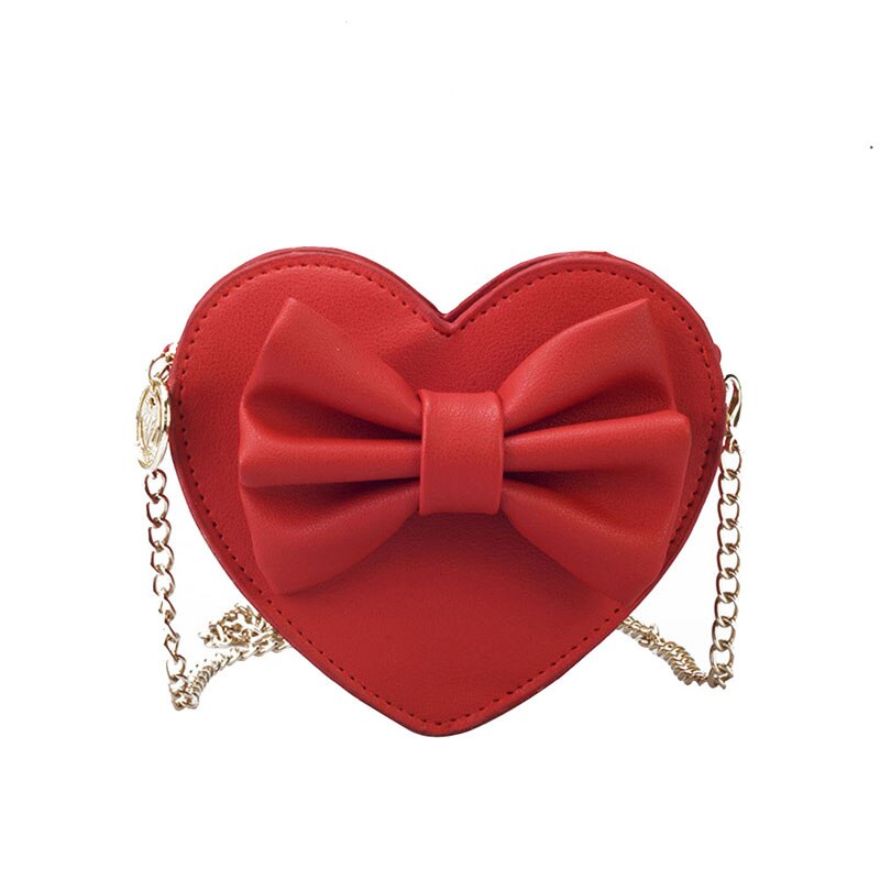 Baby Girls Cute Bow Handbags Heart Shaped Shoulder Bag Solid Color Crossbody Bags Small Purse PU Leather: Red