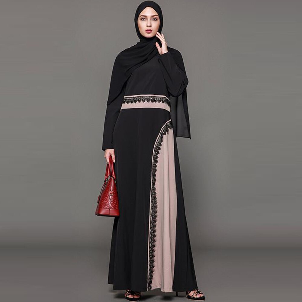 Adult Modest Muslim Abaya Arab Robe Turkish Patchwork Black Full Length O-Neck Dress Dubai Muslims Women Dresses Islamic