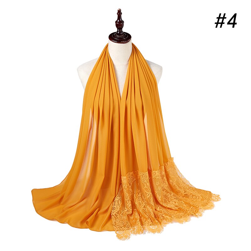 Vrouw Vlakte Kant Sjaal Buble Chiffon Moslim Sjaal Moslim Effen Kleur Lady Uitlaat Luxe Foulard Hijaabs: color 4