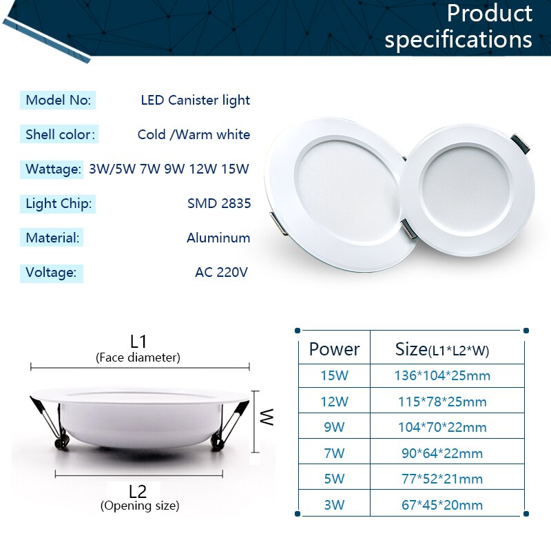 6 stk/parti led downlight 3w 5w 7w 9w 12w 15w rund forsænket lampe  ac220v led loftslys downlights spotlight indendørs belysning