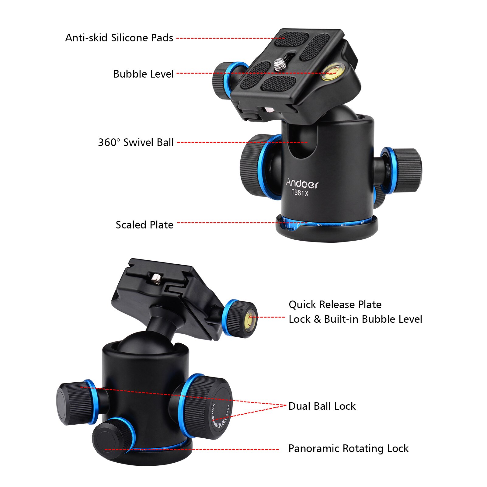 Andoer Camera Panoramic Damper Ball Head Tripod Head 10KG Payload 360° Swivel 90° Flip with Quick Release Plate Scaled Plate