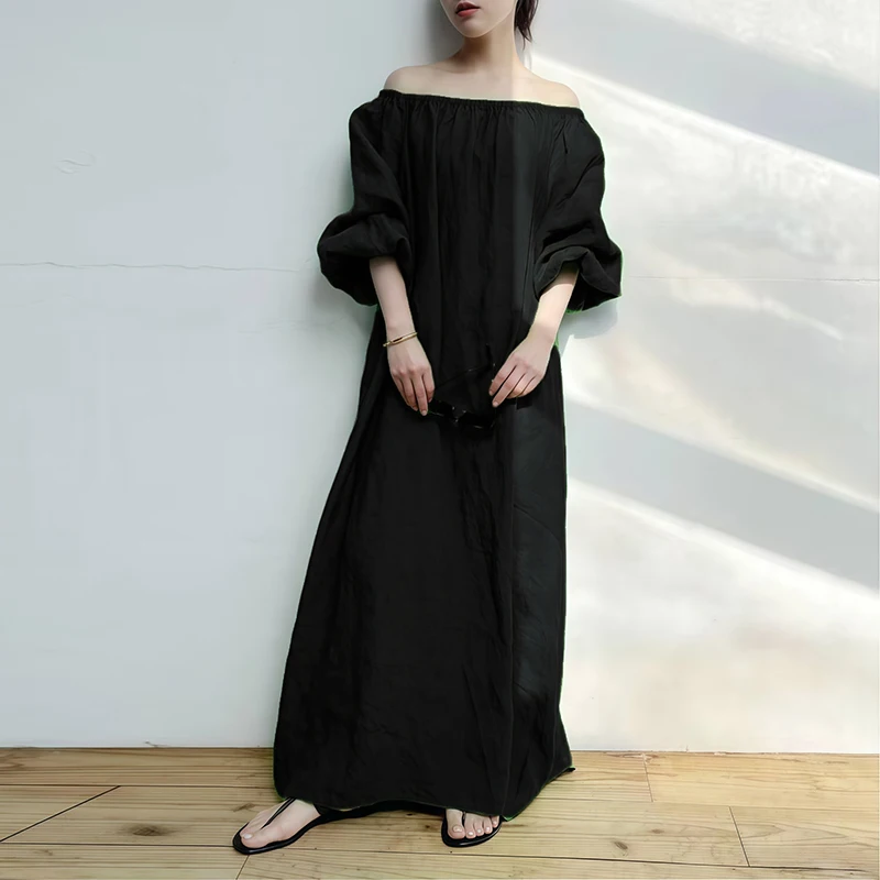 Woman Spring Back Button Slit loose Long Dress Off Shoulder Solid Colid Simple Casual Pure Cotton Linen Dresses Vintage