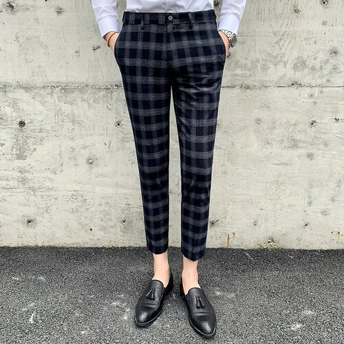 Men's Boutique Plaid Formal Business Suit Pants Men's Wedding Dress Suit Pants Brand Men's Casual Trousers Male: Navy blue / S