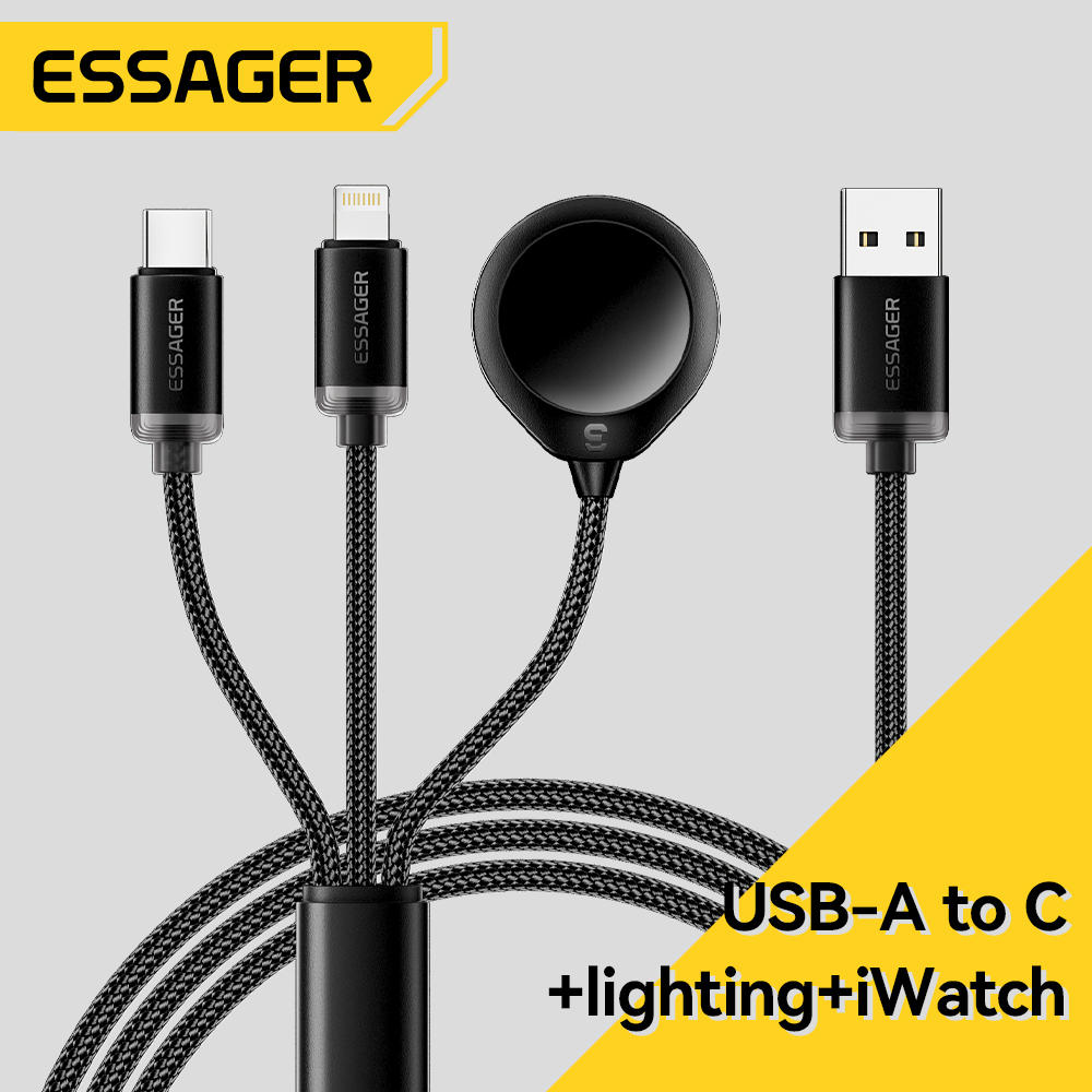 Essager 3-in-1 multi-USB A-oplaadkabel voor Apple iWatch iPhone 16/15/14/13 Pro met USB Type C Lightning snellaadkabel