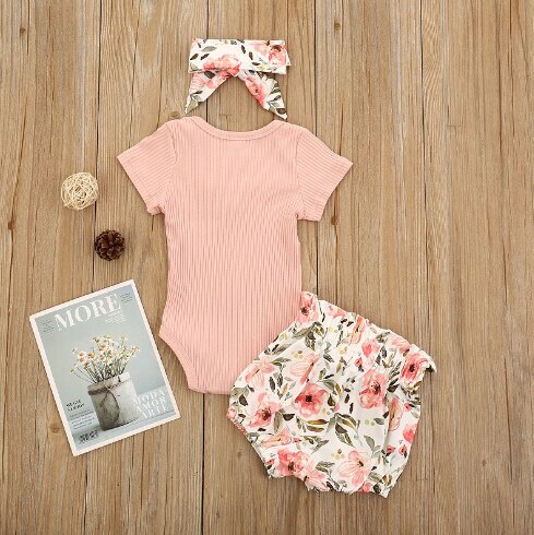 0-24M Zomer Pasgeboren Baby Meisjes Korte Sleeveround Kraag Romper + Zoete Bloemen Printing Shorts + Boog Hoofddeksels set