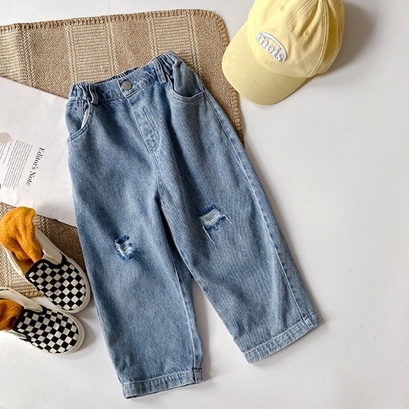 Pantalones vaqueros rasgados para niños y niñas, jeans delgados unisex, jeans rotos, 1-8 años