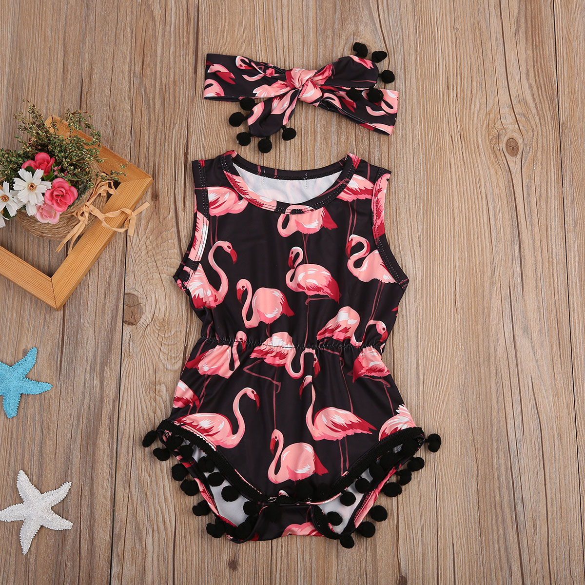 Mameluco de flamenco, conjunto de ropa de verano para 2 Uds., ropa de verano para bebé con diadema, Body para bebé, traje para niñas recién nacidas sin mangas