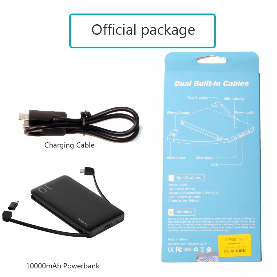 Ferzing con cavo Power Bank 10000mAh caricatore portatile USB PowerBank batteria esterna batteria di ricarica per iPhone Samsung Xiaomi