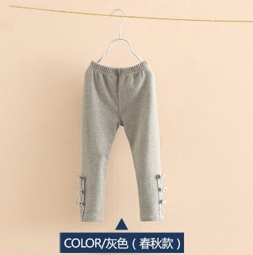 Herfst Lente 100-150Cm 3-12 Jaar Katoen Met Parels Boog Bloem Bloemen Lace Parels Patchwork baby Kids Leggings Voor Meisjes: Grijs / 150cm