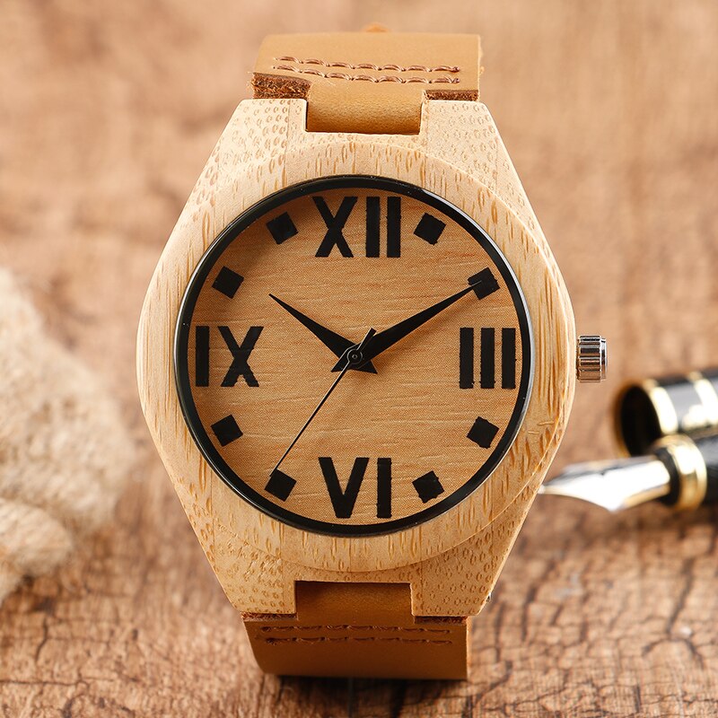 Reloj hecho a mano de madera natural relojes de madera de bambú creativos para hombre, reloj de pulsera con número de talla Simple, artículo de para hombre