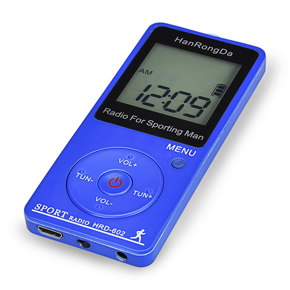 Receptor de Radio portátil HRD-602, Radio FM/AM con auriculares, podómetro, pantalla LCD, botón de bloqueo, apagado automático, Radio de bolsillo: Azul