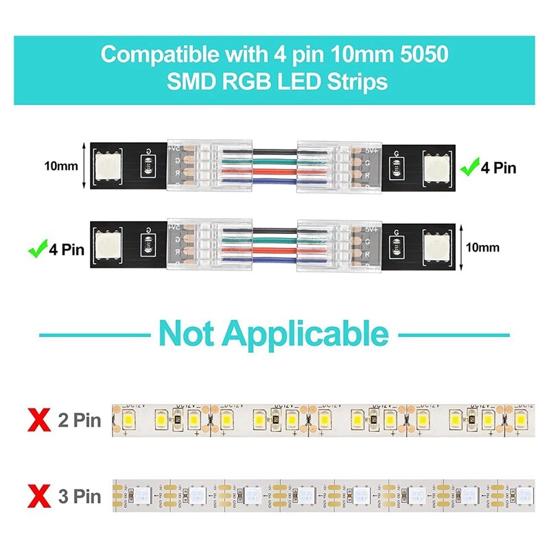4-Pin Rgb Led Licht Strip Connectors, 0.39Inch Solderless Adapter Terminal Uitbreiding Connector Voor 5050 Smd 4 Dirigent